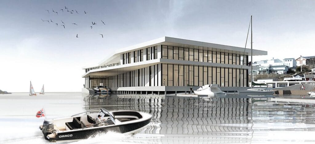 Illustration of modern HQ office on waterfront with speedboat in foreground
