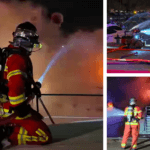 Firefighters shown in three images fighting blaze on m/y Naisca IV