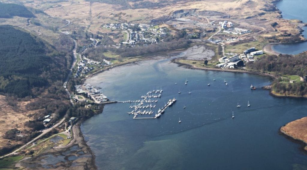 Aerial of Scottish isles marina - Alba Sailing