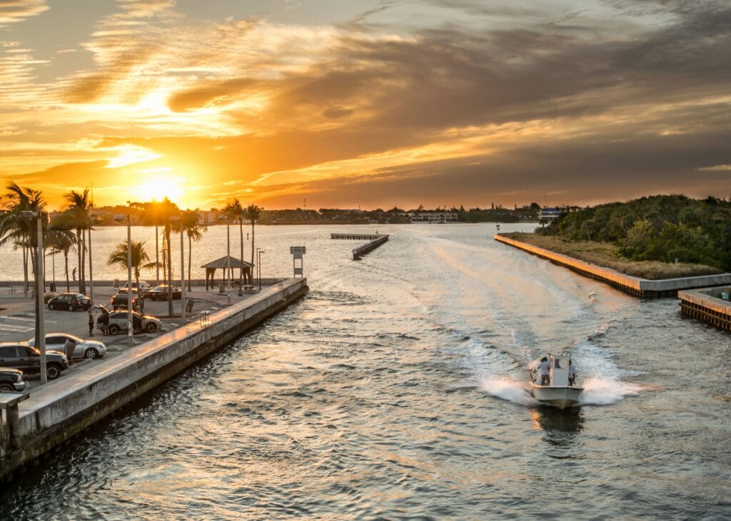 sunset shot of picturesque waterway in USA