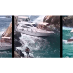 Series of images showing sinking of tourist boat in Acapulco on New Years Eve as divers leap from clffs